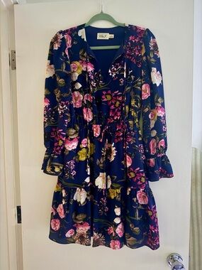 Eliza J Navy Floral Tiered Long-Sleeve Dress with Pink & Gold Blooms